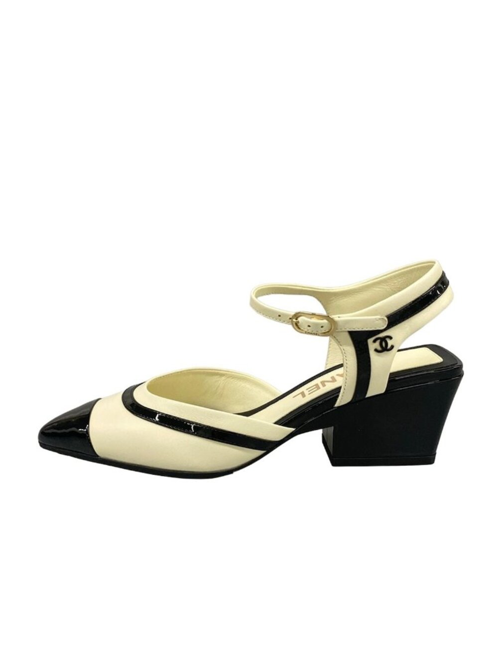 Chanel Pumps 35 C Black White CC Logo T-ton Slingback Ivory Heel